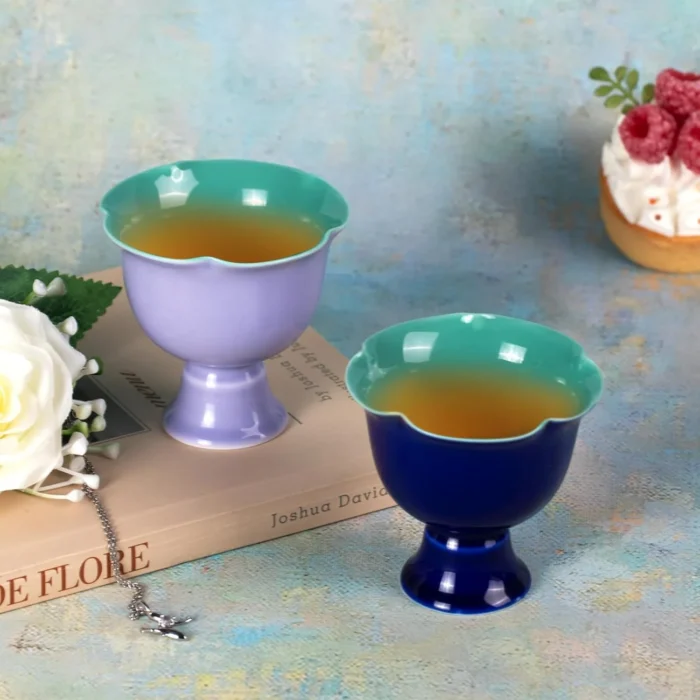 Blue and purple scalloped tea cups arranged with tea KAMMAK 7KPSP674N+675N ceramic cup and saucer shape and proportion detail image 3