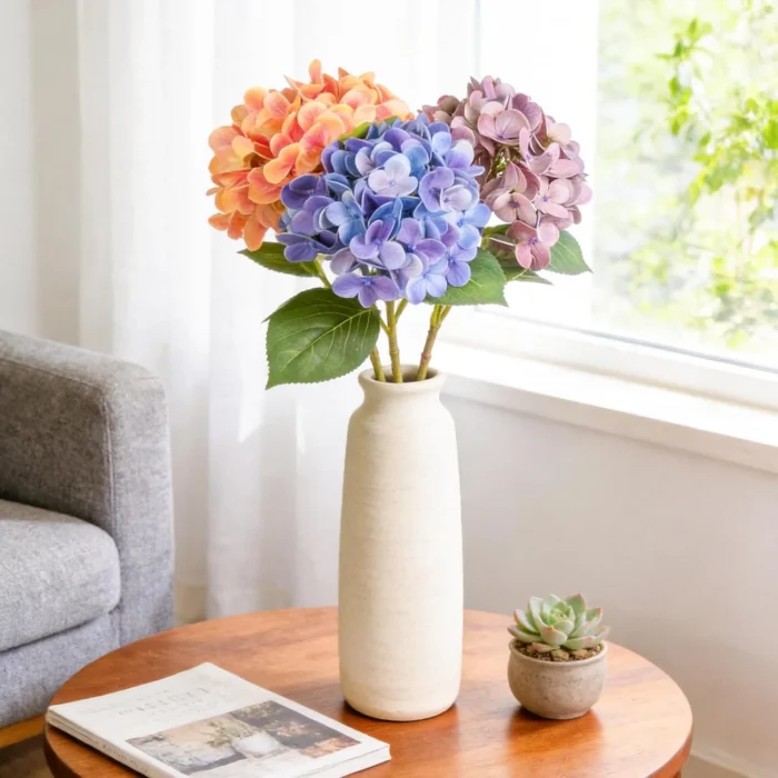 Blue purple and peach hydrangeas in a cream vase KAMMAK 8KPFZH004 home decor product scale and proportion view image 6