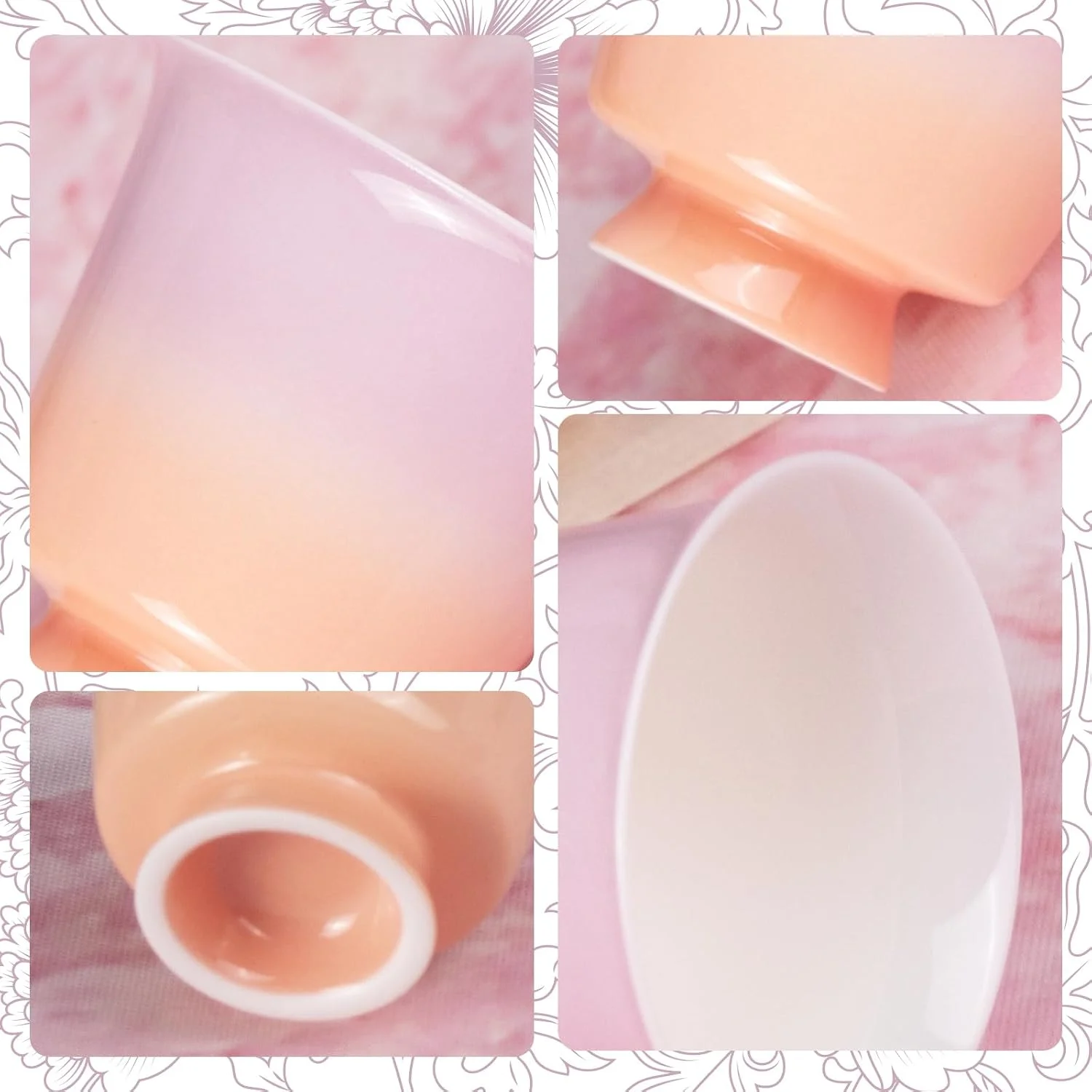 Close views of the pink glaze rim bowl and short foot