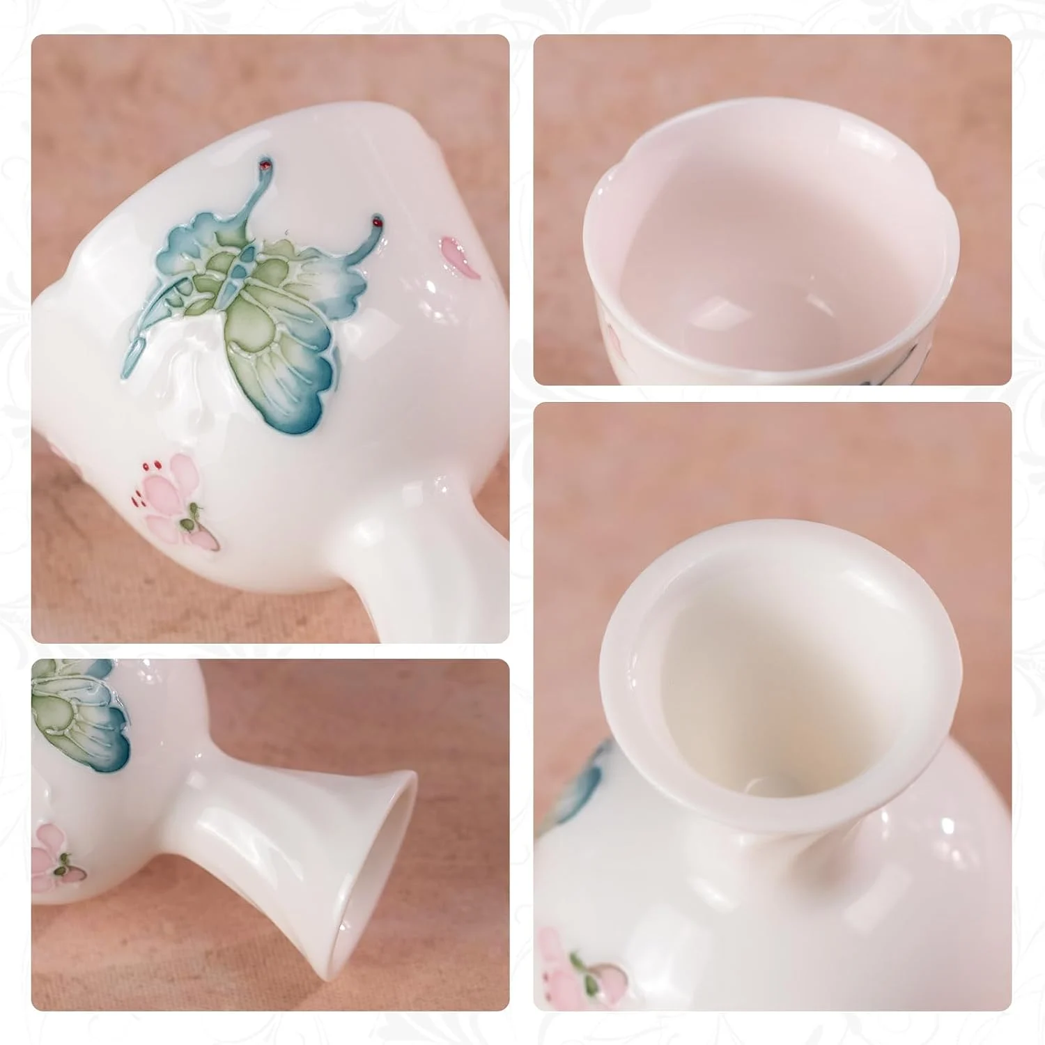 Butterfly peach blossom rim and textured foot details