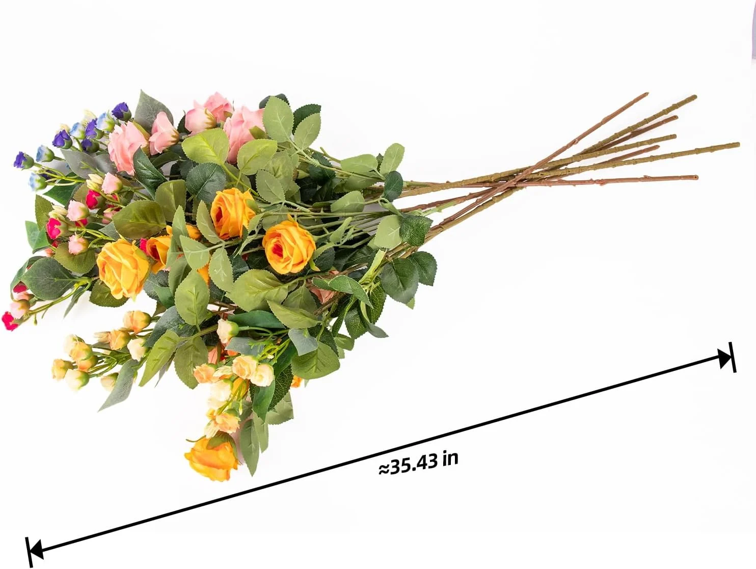 Mixed artificial rose bouquet laid flat with approximate length