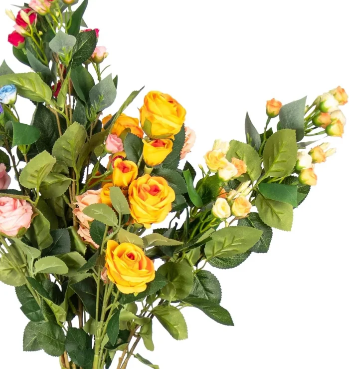 Close view of yellow pink and orange artificial rose blooms KAMMAK 8KPFZH005 home decor product close-up material texture detail image 4