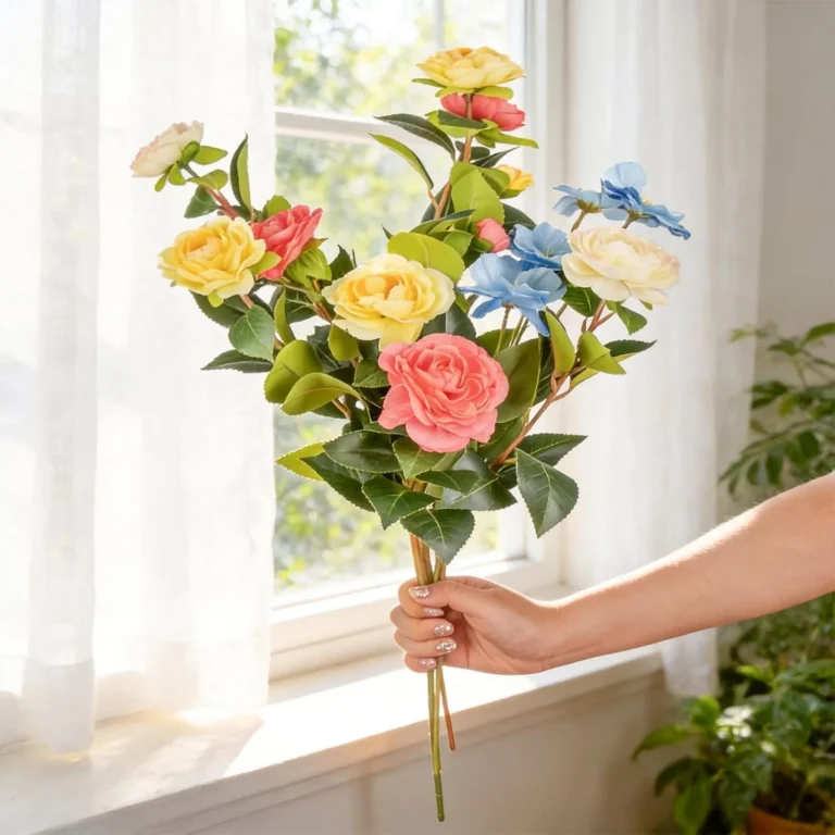 Colorful mixed rose bouquet held next to a window