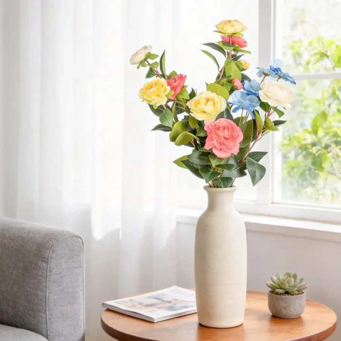 Mixed rose arrangement displayed in a cream table vase KAMMAK 8KPFZH011 home decor product scale and proportion view image 6