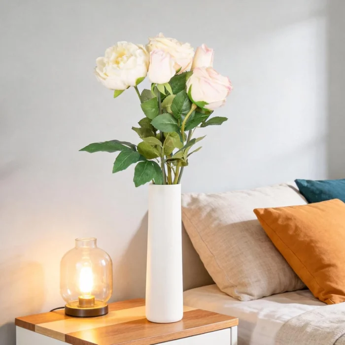 Blush and ivory roses displayed in a white bedside vase KAMMAK 8KPFZH010 home decor product decorative craft detail image 7