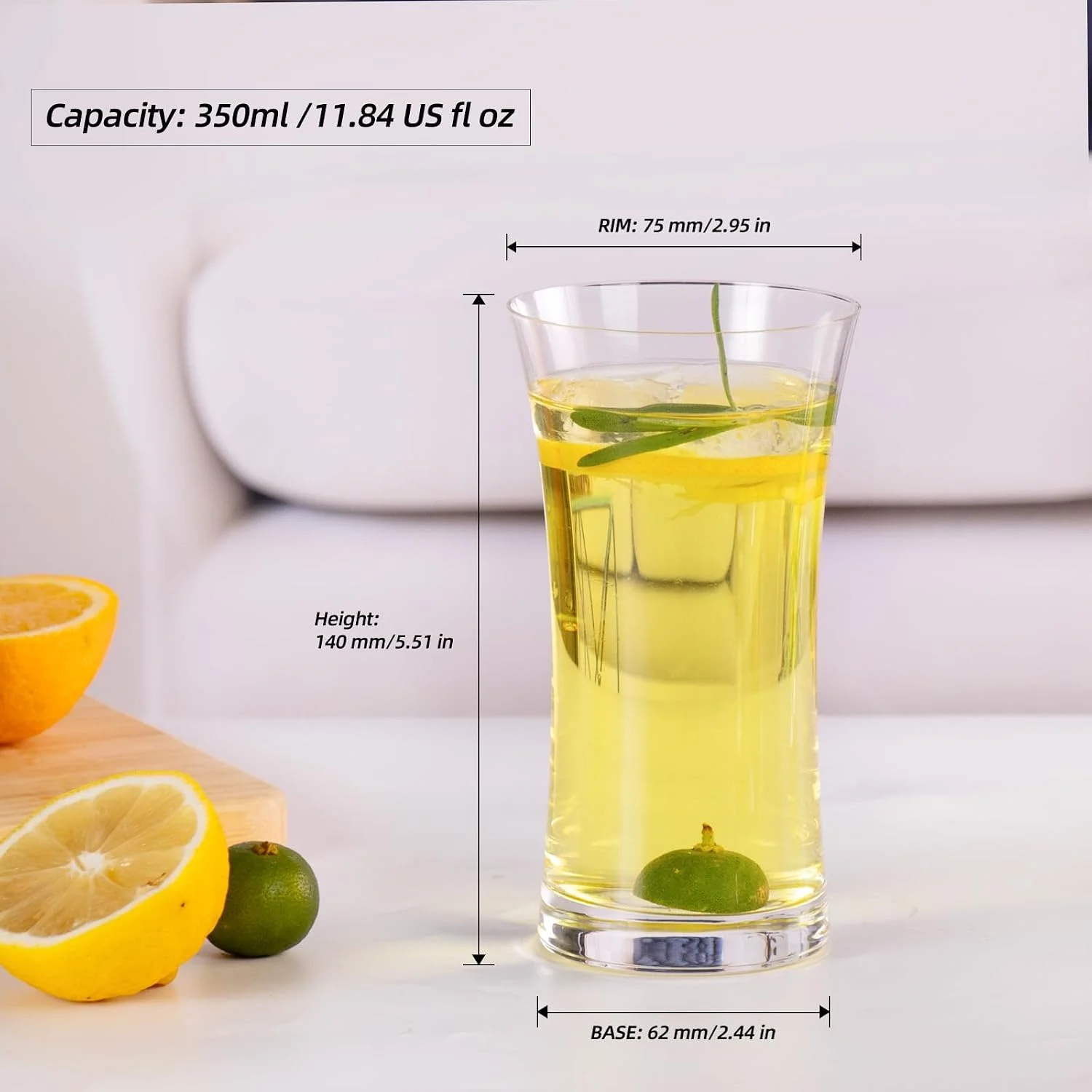 11.8 oz Collins glass dimensions with 350 ml capacity