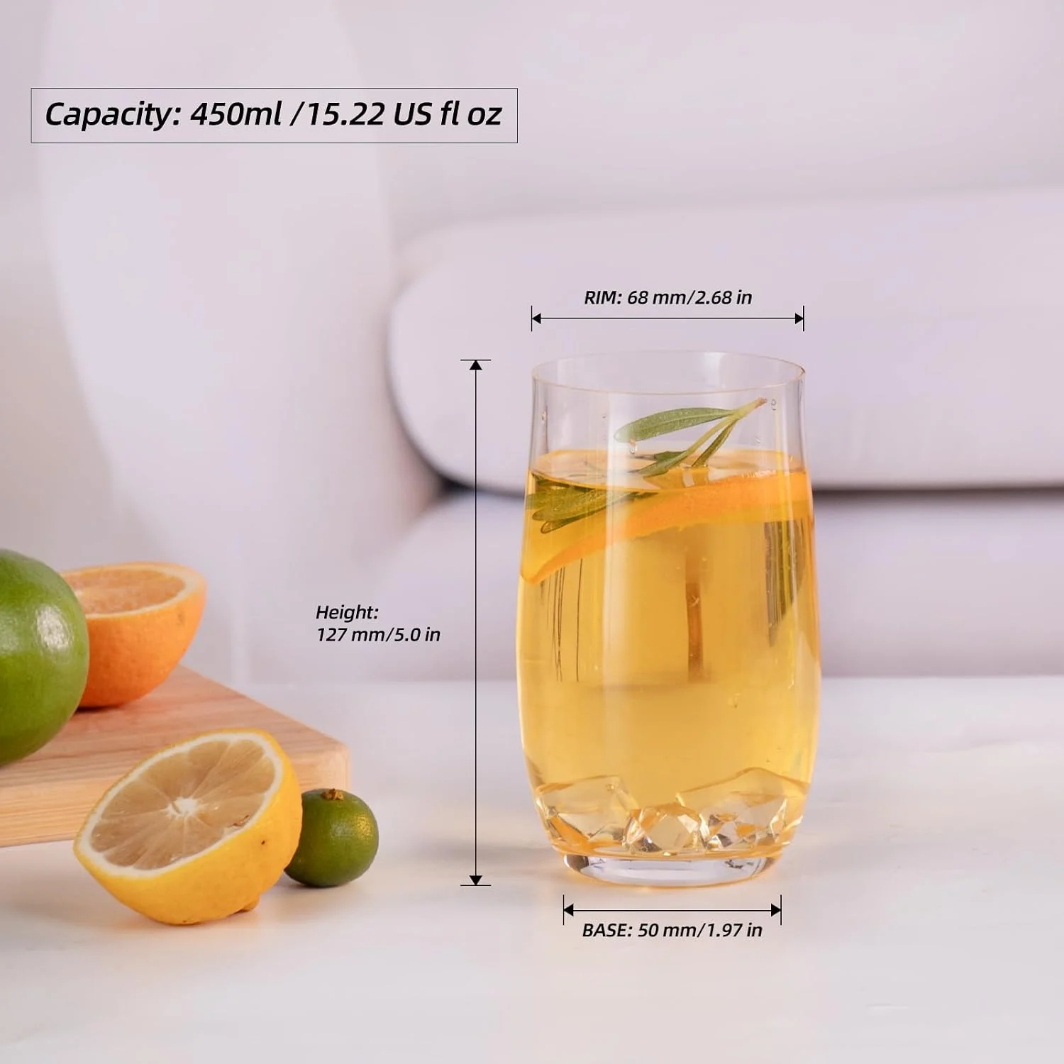 15 oz highball glass dimensions with 450 ml capacity