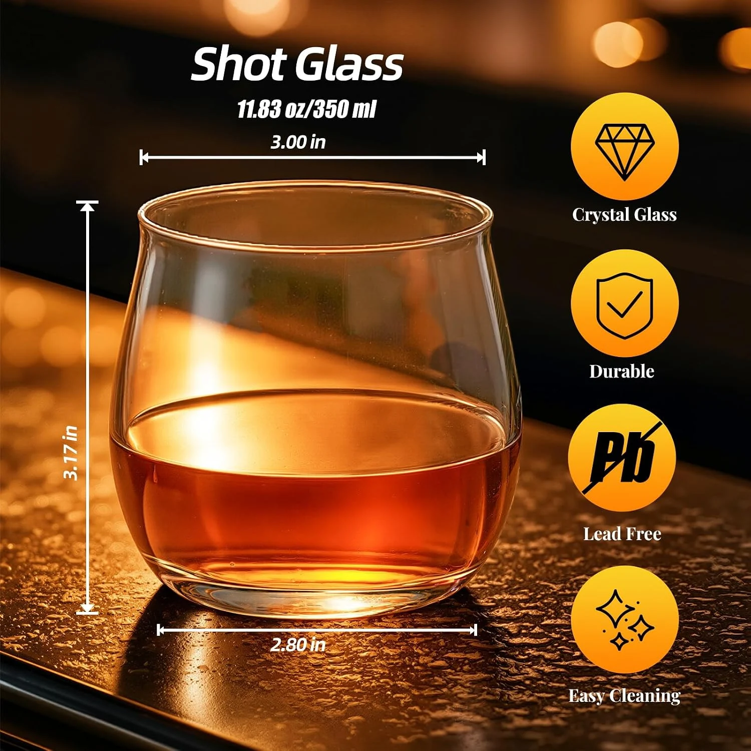 Curved crystal whiskey glass dimensions and 350 ml capacity