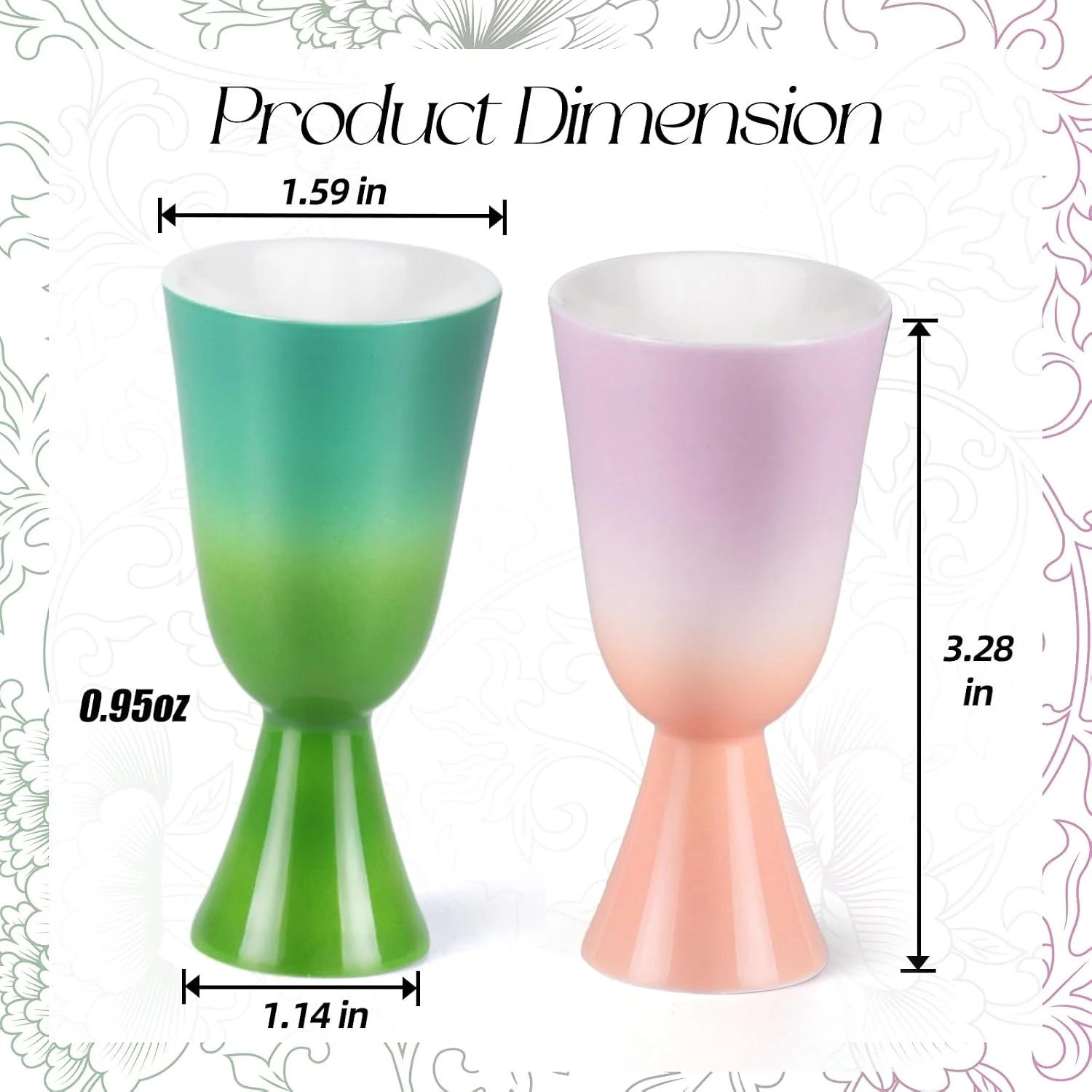 Gradient stemmed tea cup dimensions and 0.95 oz capacity