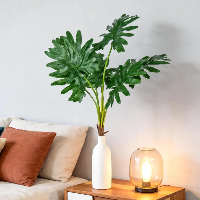 Artificial tropical-style leaves in a white vase beside a sofa KAMMAK 8KPFZH003 home decor product decorative craft detail image 7