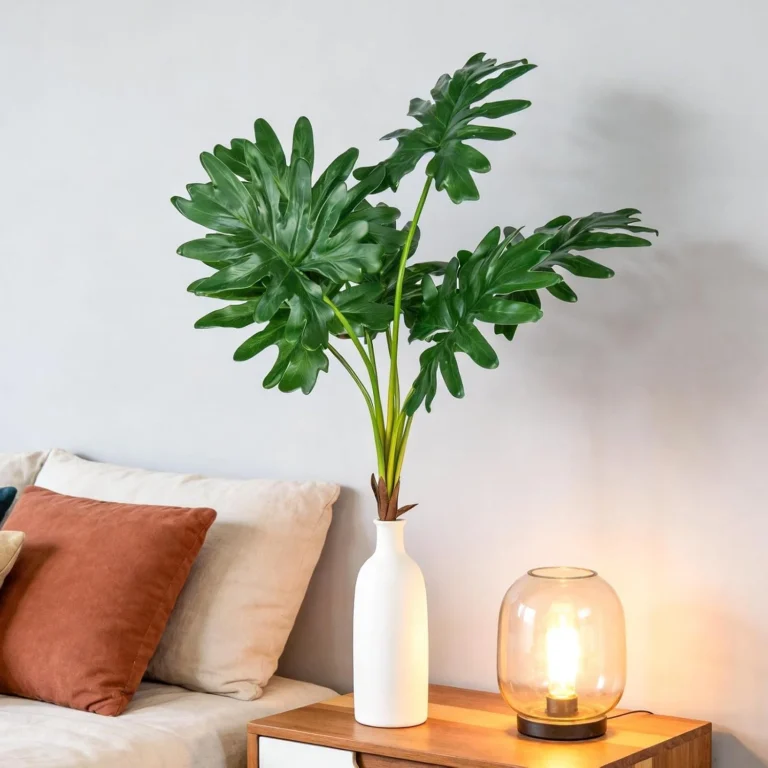 Artificial tropical-style leaves in a white vase beside a sofa