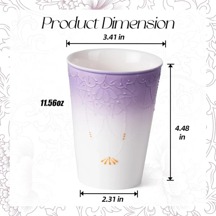 Lavender ceramic cup dimensions and 11.56 oz capacity KAMMAK 7KPSP720N home decor product side angle view showing silhouette
