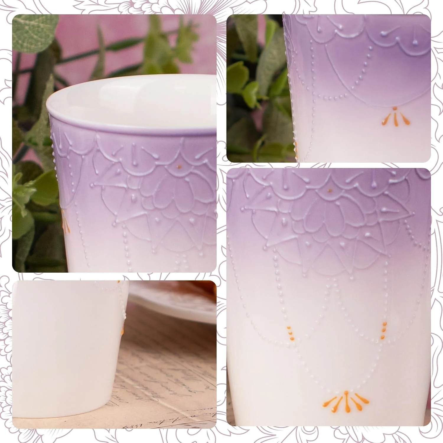 Raised lace-like pattern gradient finish and gold accent details