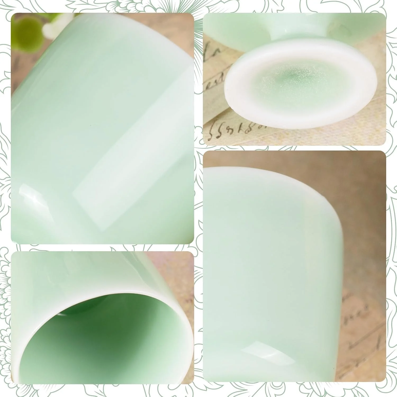 Flared rim smooth green finish and short pedestal foot details