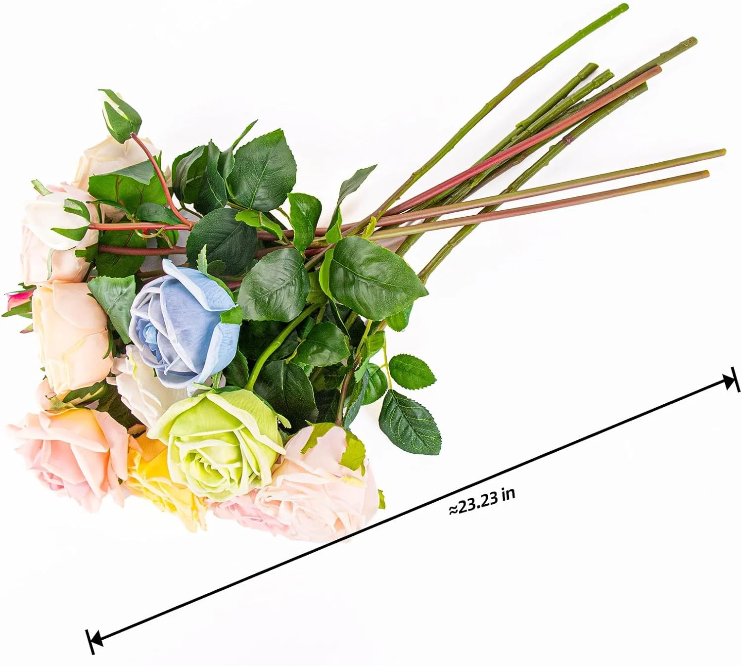 Pastel artificial rose stems laid flat with approximate length