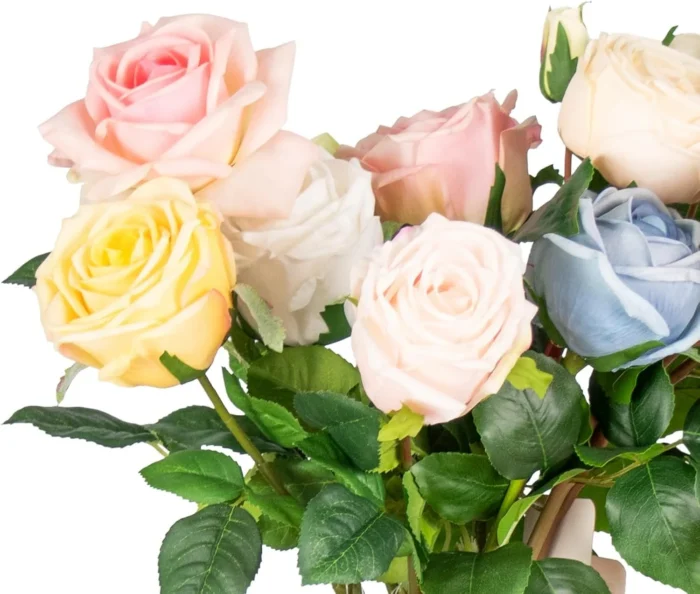 Close view of blush cream yellow green and blue rose heads KAMMAK 8KPFZH012 home decor product close-up material texture detail image 4