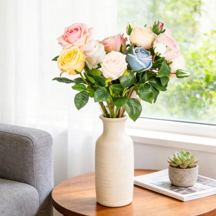 Soft multicolor roses displayed in a cream vase KAMMAK 8KPFZH012 home decor product scale and proportion view image 6