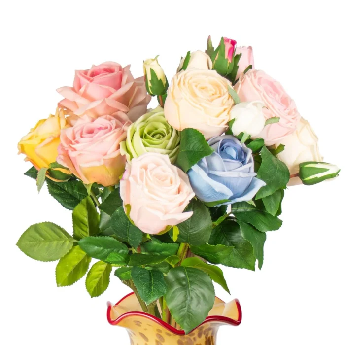 Pastel artificial rose bouquet with blush cream and blue blooms KAMMAK 8KPFZH012 home decor product front view for product display