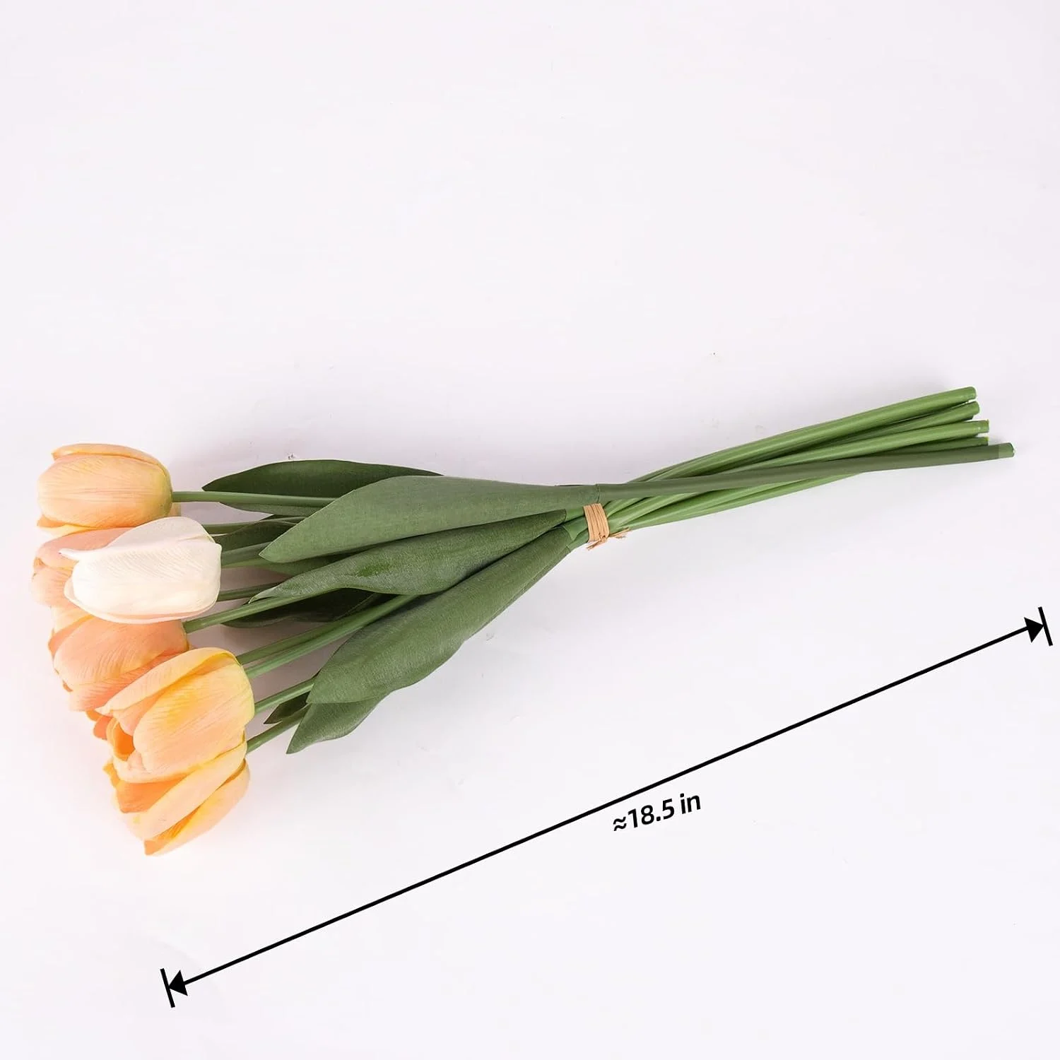 Artificial tulip bouquet laid flat with approximate length