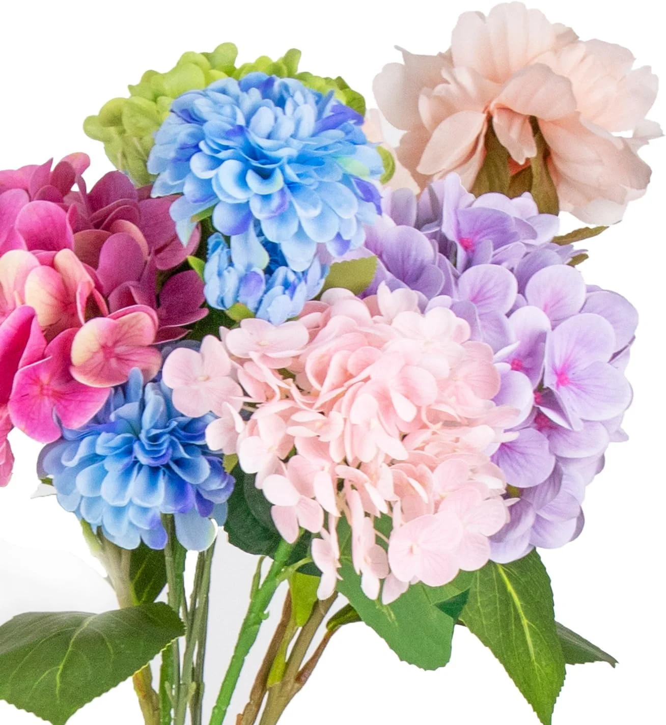 Close view of pink blue green and lavender artificial blooms