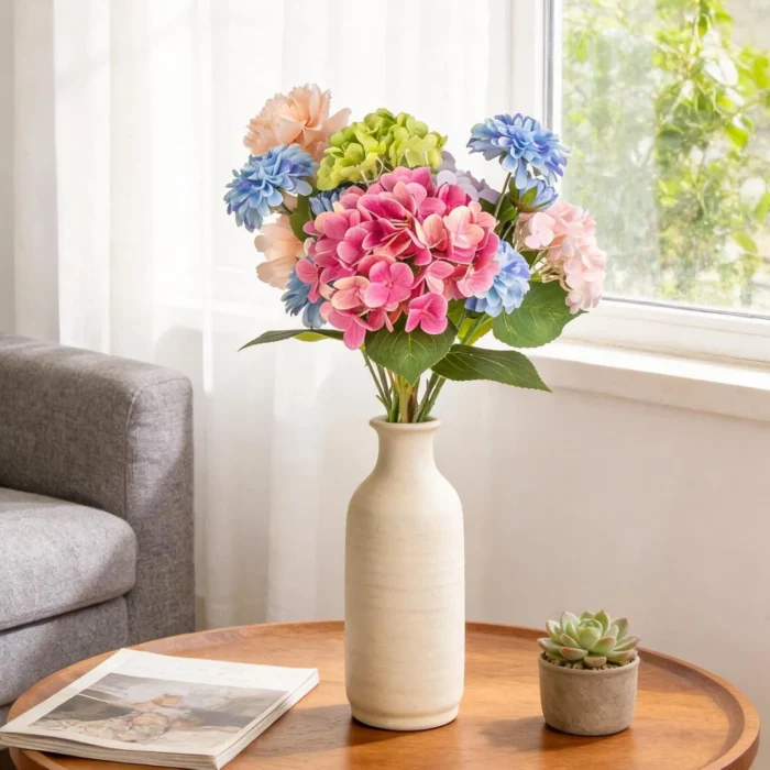 Pink and blue artificial bouquet in a cream table vase KAMMAK 8KPFZH016 home decor product scale and proportion view image 6