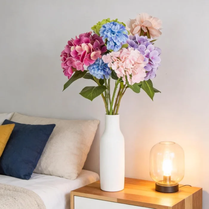 Mixed hydrangea-style flowers in a tall white vase KAMMAK 8KPFZH016 home decor product decorative craft detail image 7