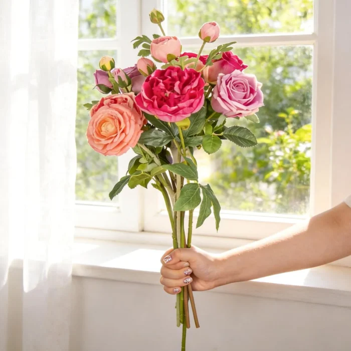 Colorful artificial rose stems held next to a window KAMMAK 8KPFZH013 home decor product side angle view showing silhouette