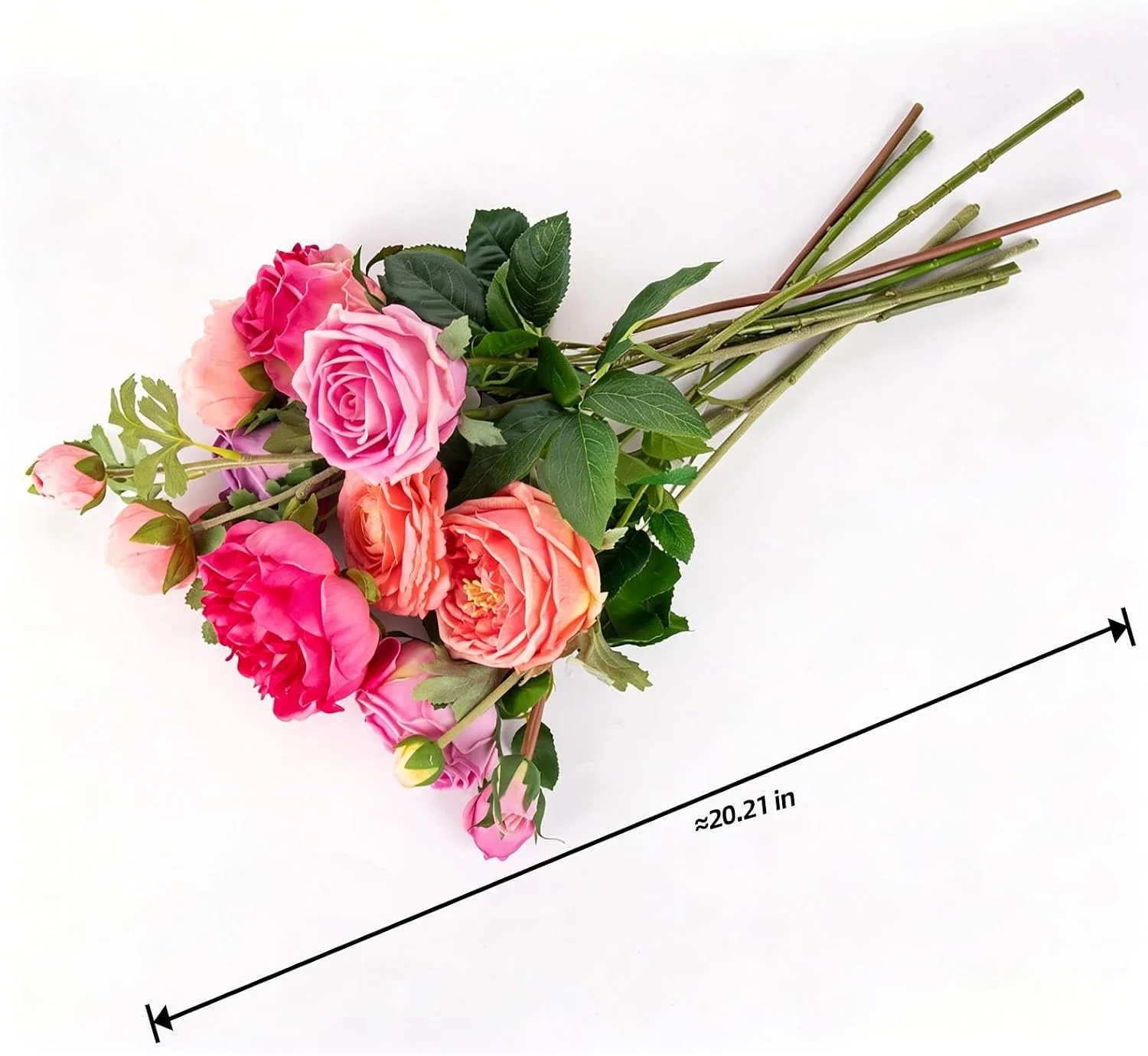 Pink artificial rose bouquet laid flat with approximate length
