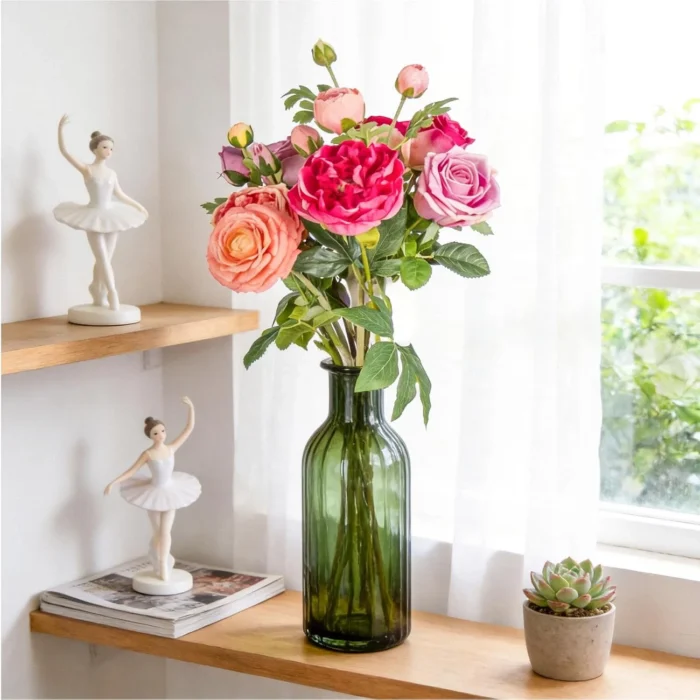 Bright rose bouquet displayed in a green glass bottle KAMMAK 8KPFZH013 home decor product styled home decor setting image 5