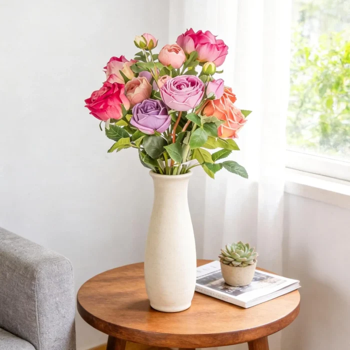 Pink and purple artificial roses in a cream table vase KAMMAK 8KPFZH013 home decor product scale and proportion view image 6