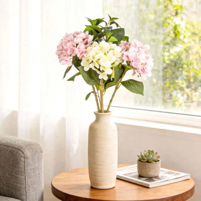 Pink and cream hydrangeas displayed in a cream vase KAMMAK 8KPFZH006 home decor product scale and proportion view image 6