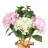 Pink and cream artificial hydrangea stems with green leaves KAMMAK 8KPFZH006 home decor product front view for product display