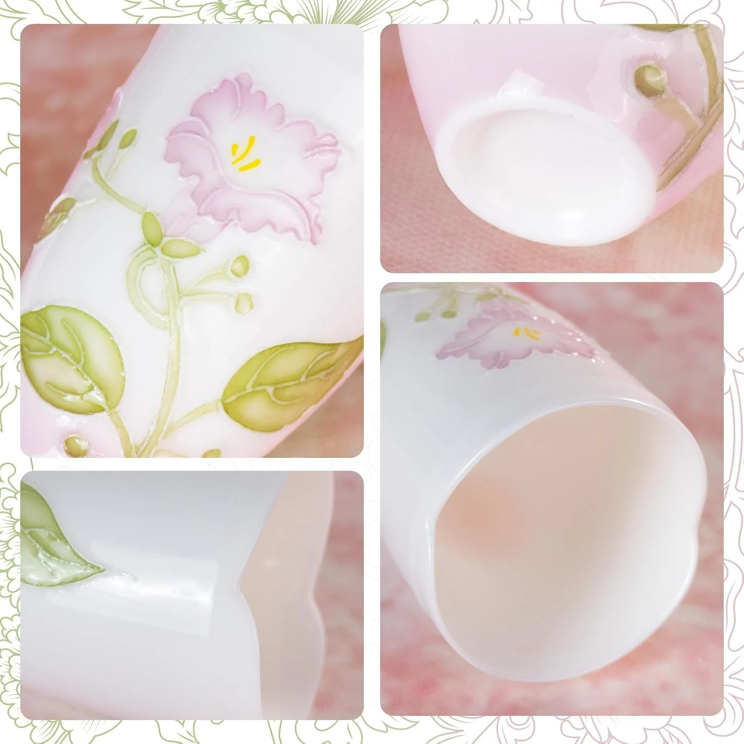 Pink blossom green leaf and glazed rim details