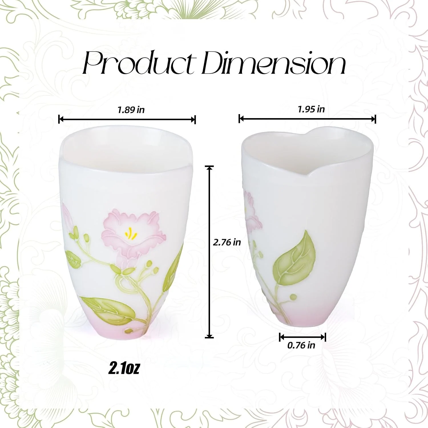 Pink floral ceramic tea cup dimensions and 2.1 oz capacity