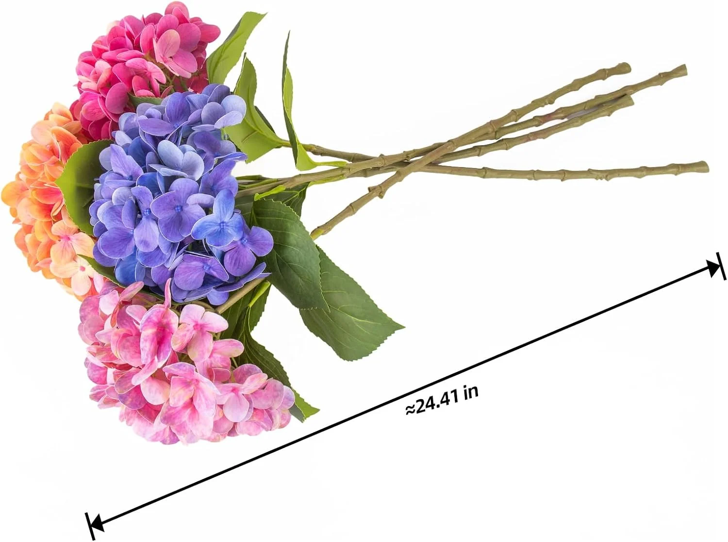 Artificial hydrangea stems laid flat with approximate length