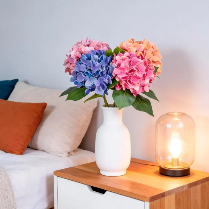Pink blue and orange hydrangeas in a white bedside vase KAMMAK 8KPFZH002 home decor product decorative craft detail image 7
