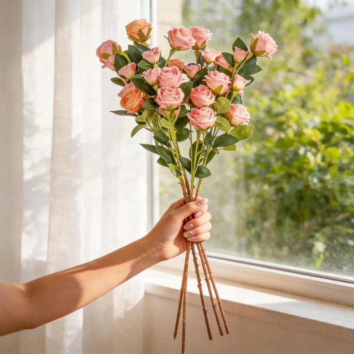 Long artificial rose bundle held beside a bright window KAMMAK 8KPFZH001 home decor product side angle view showing silhouette