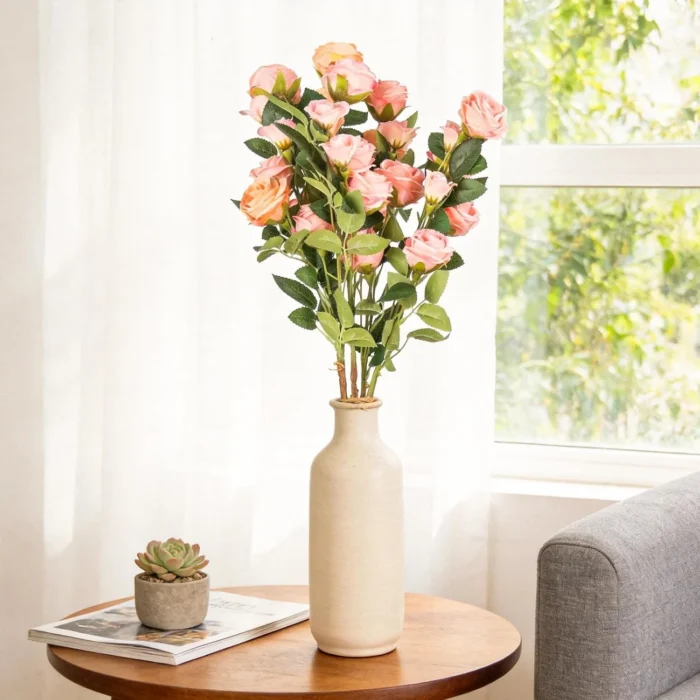 Peach rose arrangement in a cream vase on a round side table KAMMAK 8KPFZH001 home decor product scale and proportion view image 6