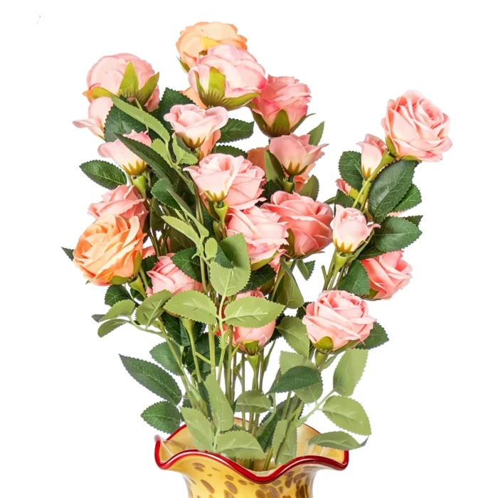 Pink and peach artificial rose stems with green leaves KAMMAK 8KPFZH001 home decor product front view for product display