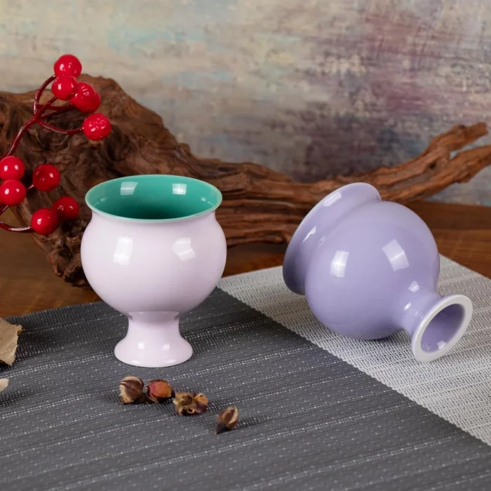 Purple and pink ceramic tea cups shown from different angles KAMMAK 7KPSP676N+677N ceramic cup and saucer scale and proportion view image 6