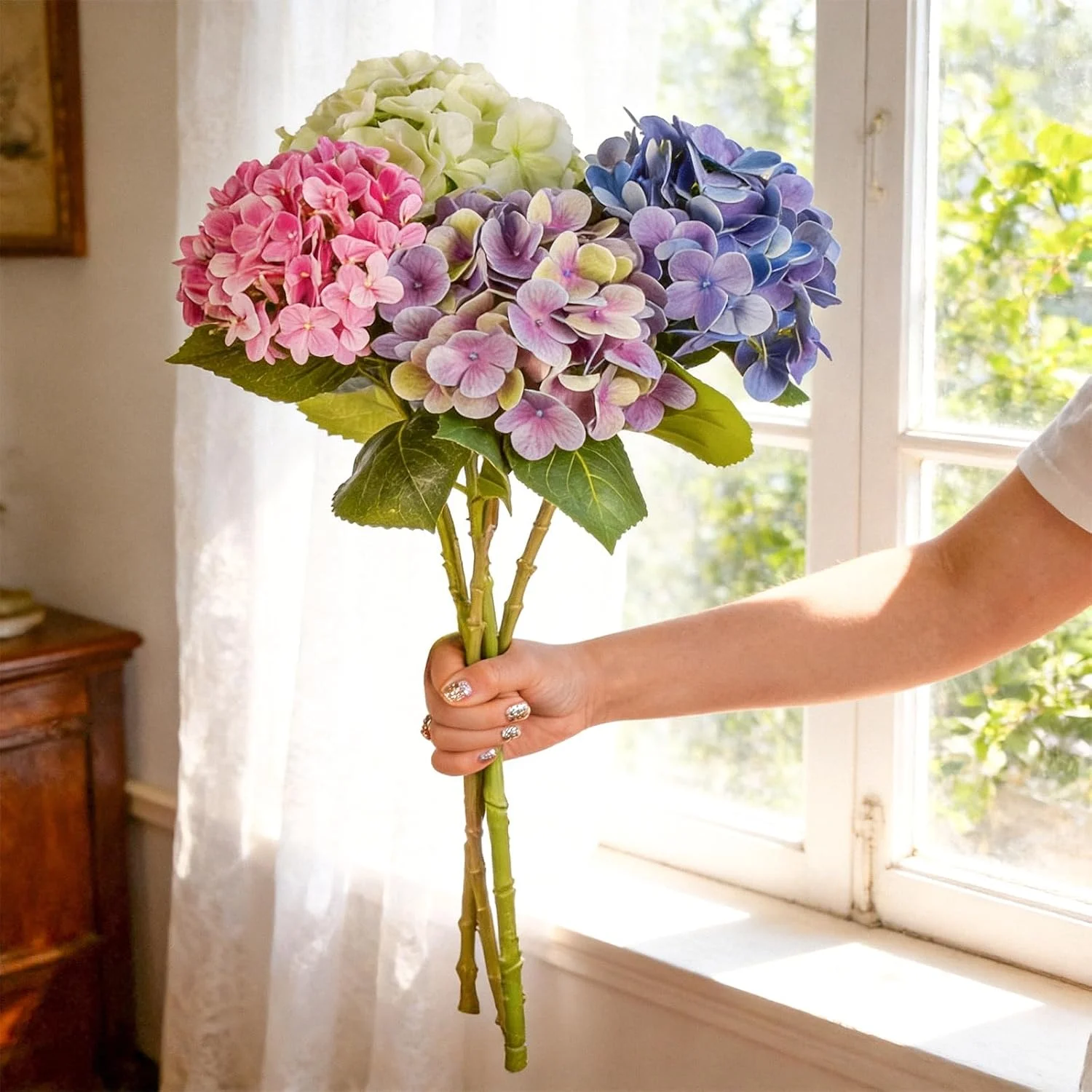 Four colorful hydrangea flower stems held near a window