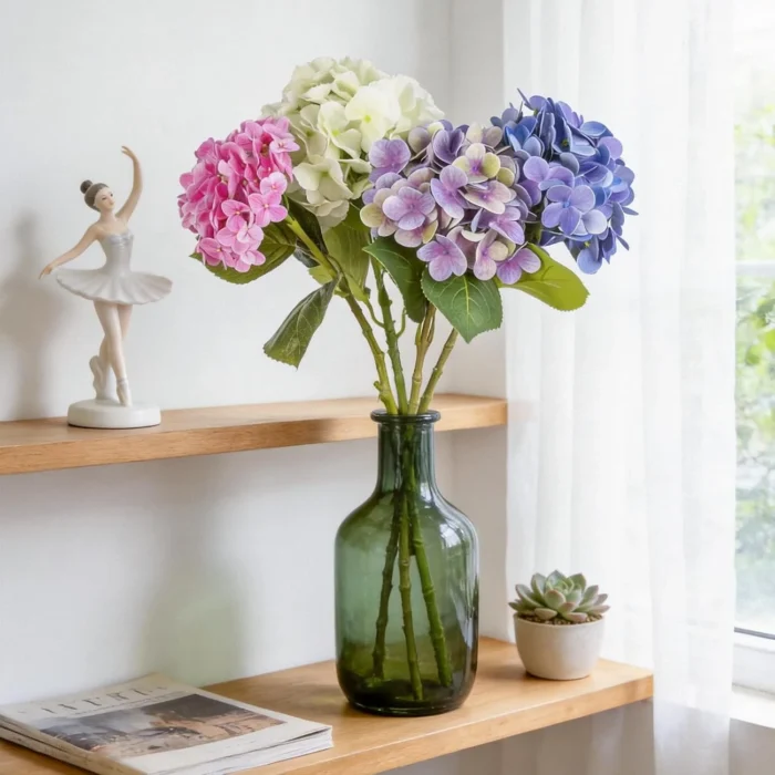 Colorful hydrangeas arranged in a tall green glass bottle KAMMAK 8KPFZH008 home decor product styled home decor setting image 5