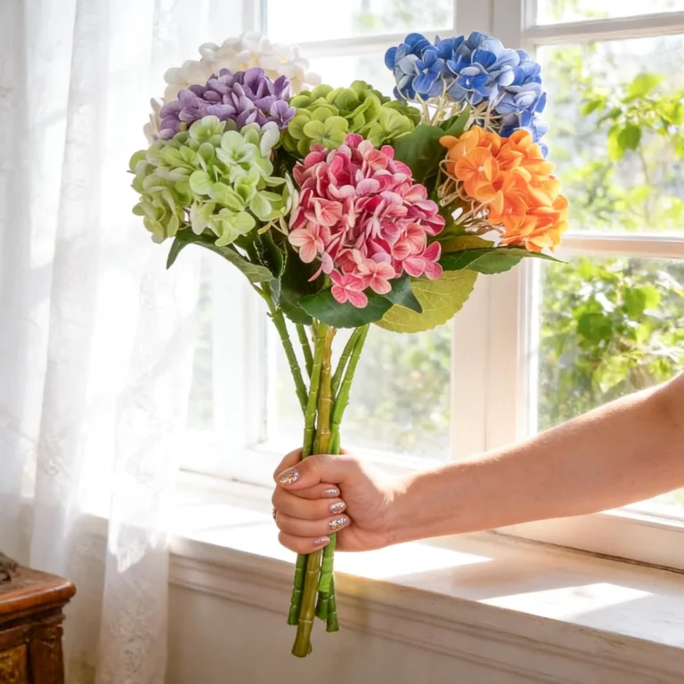 Multicolor hydrangea bouquet held beside a sunlit window