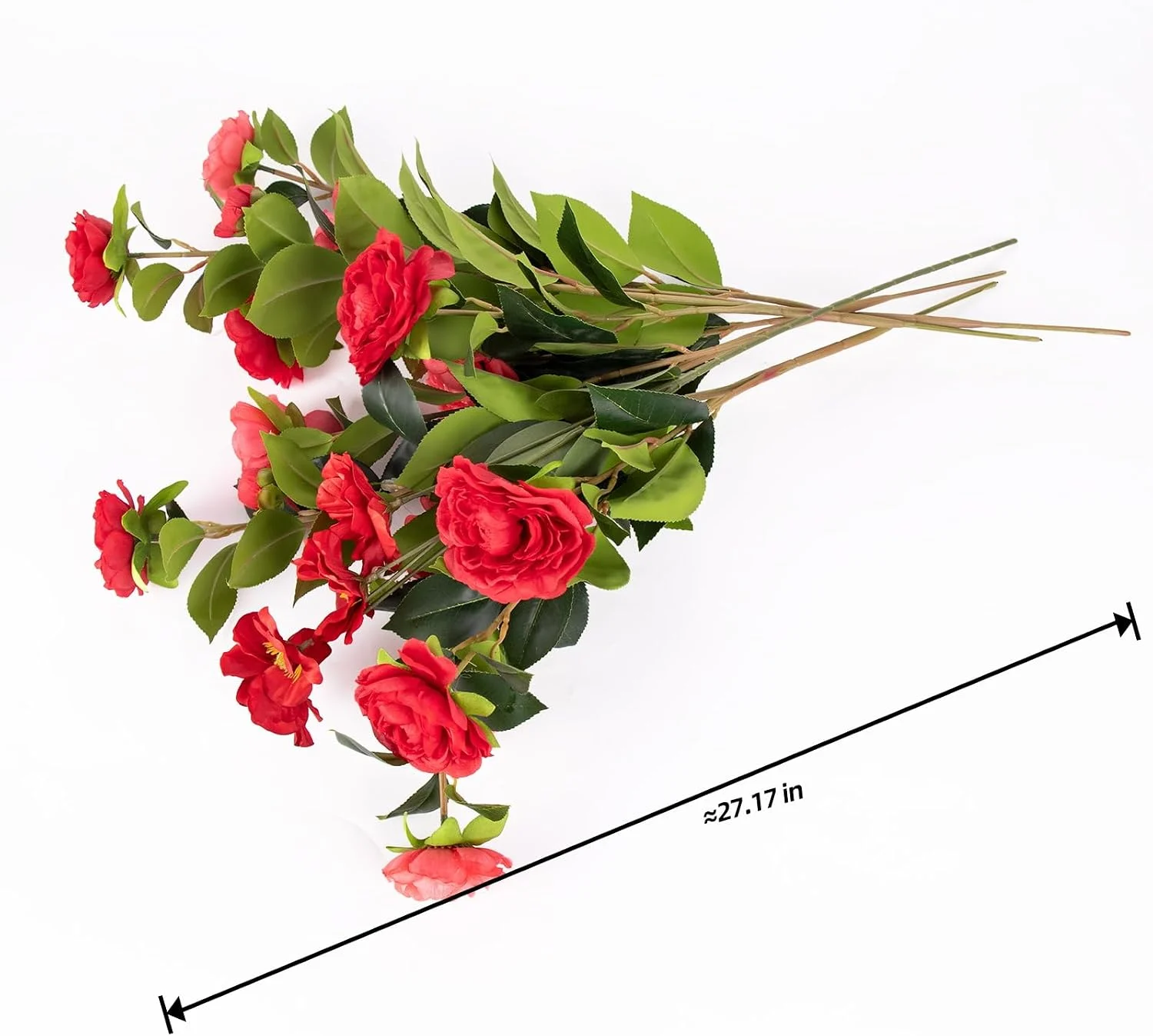 Red mixed flower bouquet laid flat with approximate length