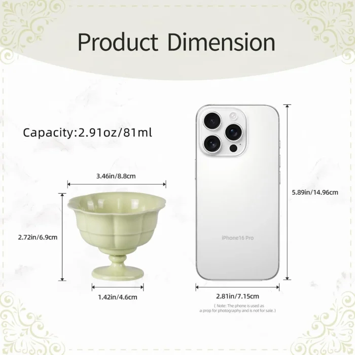 Reed green porcelain tea cup dimensions and 2.91 oz capacity KAMMAK 7KPSP701N ceramic cup and saucer side angle view showing silhouette