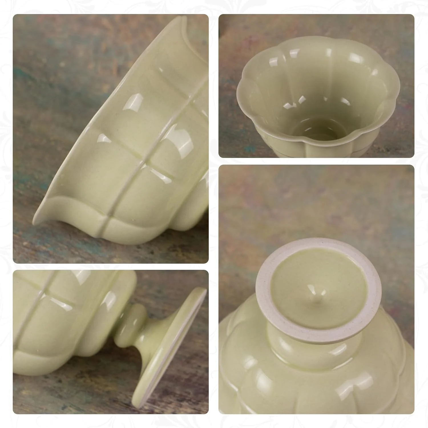Scalloped rims smooth glaze and short pedestal feet