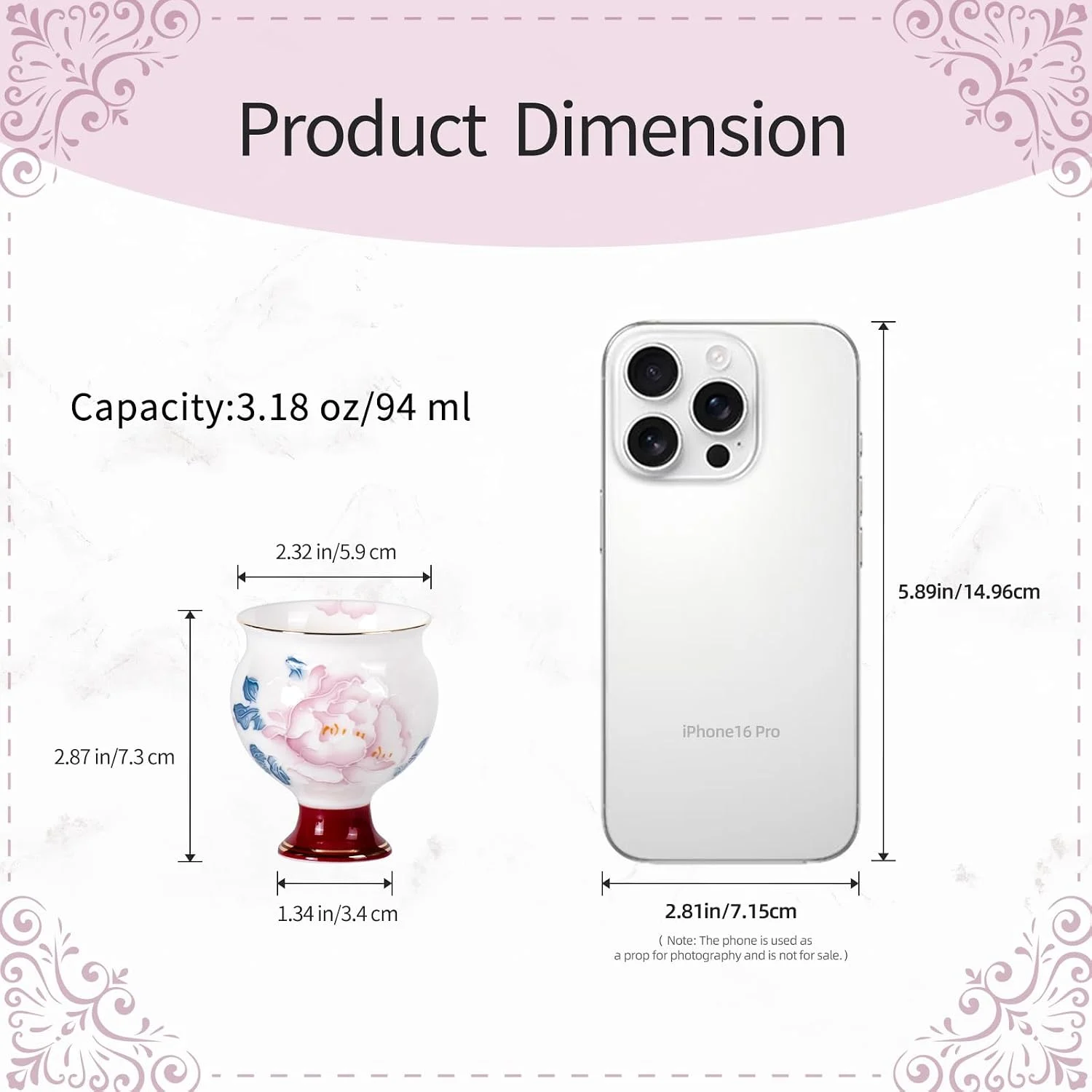 Round peony tea cup dimensions and 3.18 oz capacity