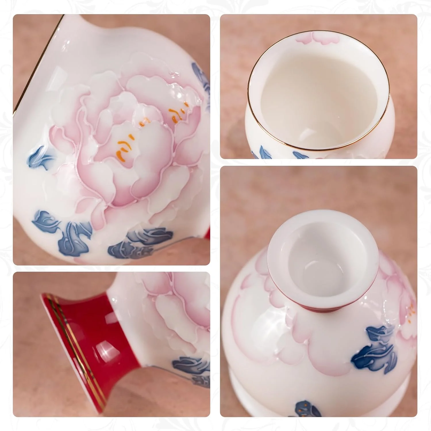 Pink peony blue leaf glaze and dark red foot details