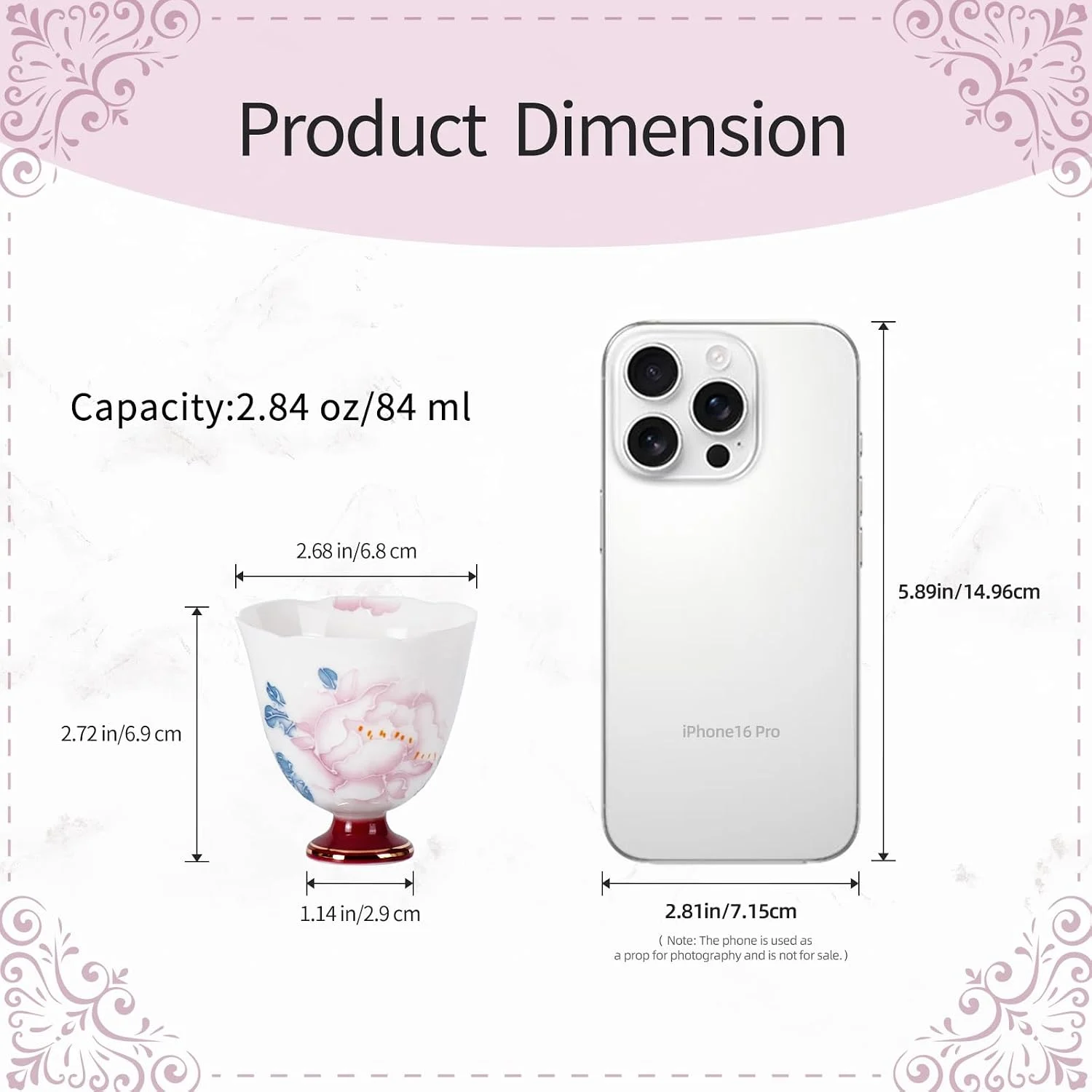 Scalloped peony tea cup dimensions and 2.84 oz capacity