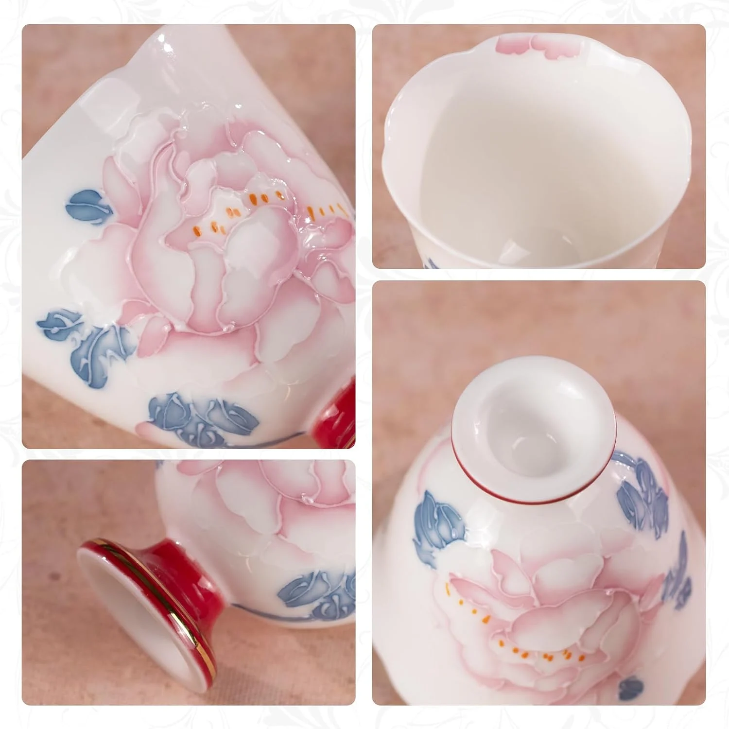 Pink peony blue leaf scalloped rim and dark red foot details